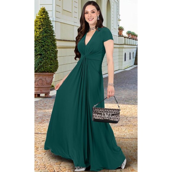 Women's Long Flowy Maxi Dress Emerald Green Plus Size Office Formal - Picture 3 of 4